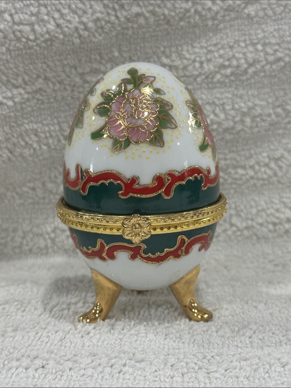 Decorative Porcelain Egg Trinket Box - White, Green, Pink, Gold